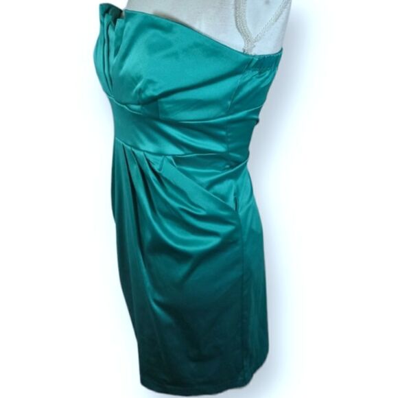 LOVE TEASE TURQUOISE SATIN STRAPLESS DRESS W/POCKETS SZ.11 EUC - Picture 4 of 6